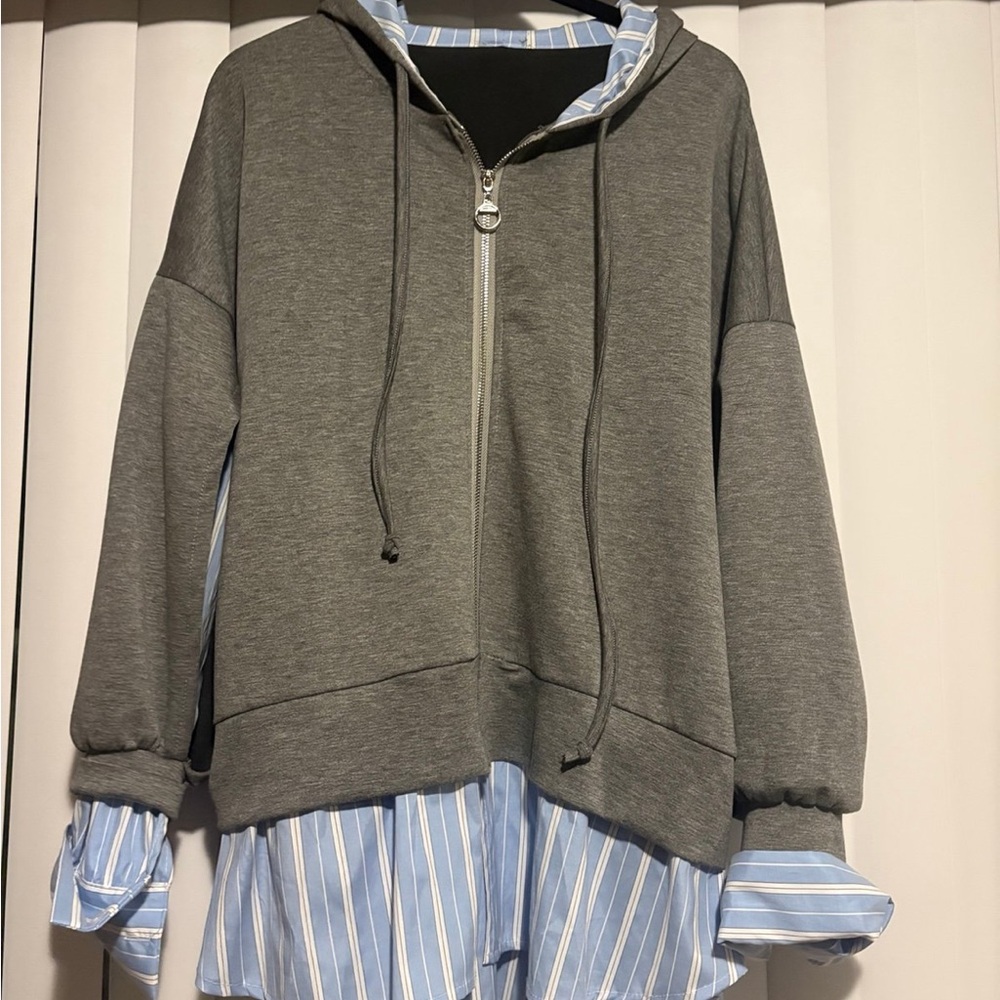 Gray Hoodie with Blue Striped Shirt Combo